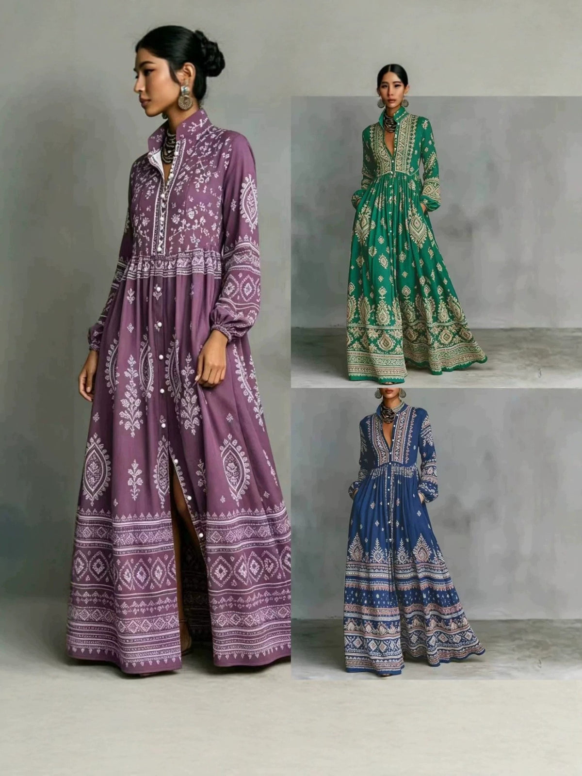 Women's Ethnic Print Long Sleeve Dress with Pockets