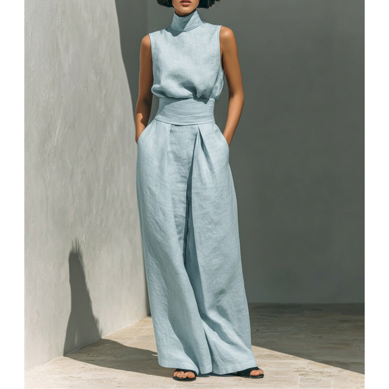 Women's Sleeveless High-Collar Cotton Linen Vest and Wide-Leg Pants Set