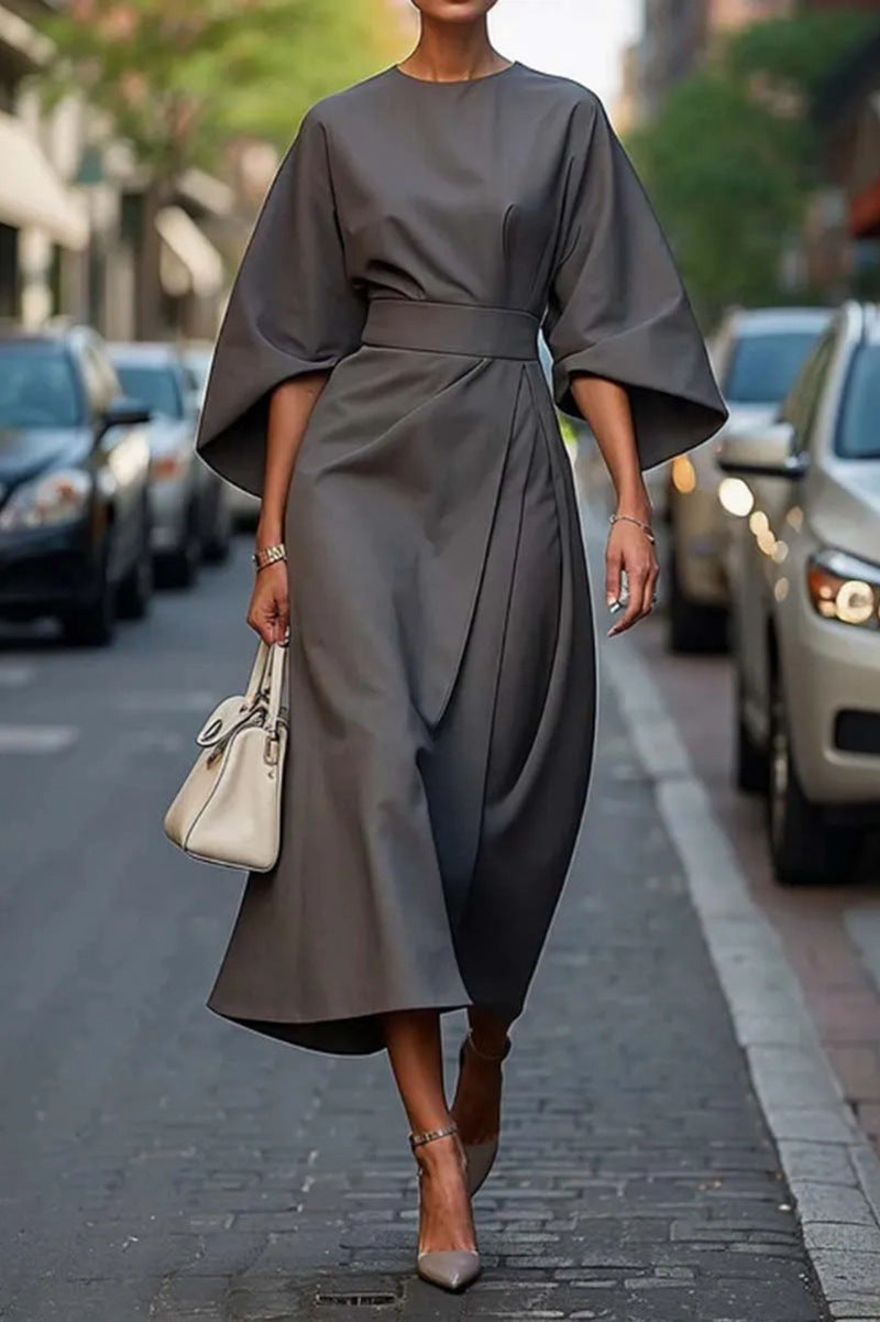 Women's Elegant Solid Color Waist-Cinching Batwing Sleeve Long Dress