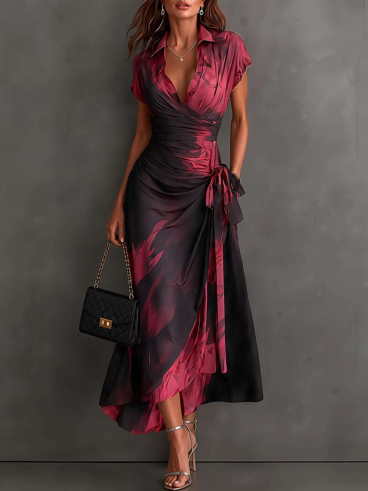 Women's Ink Print Wrap Dress with Collar
