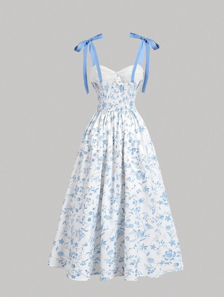 Women's Lace-Up Shoulder Floral A-Line Dress