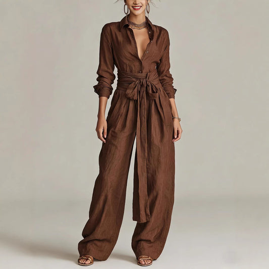 Women's Lapel Collar Belted Wide-Leg Jumpsuit