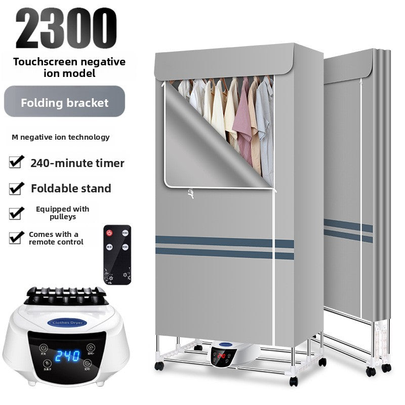 Gray minimal folding clothes dryer with remote control, negative ion model