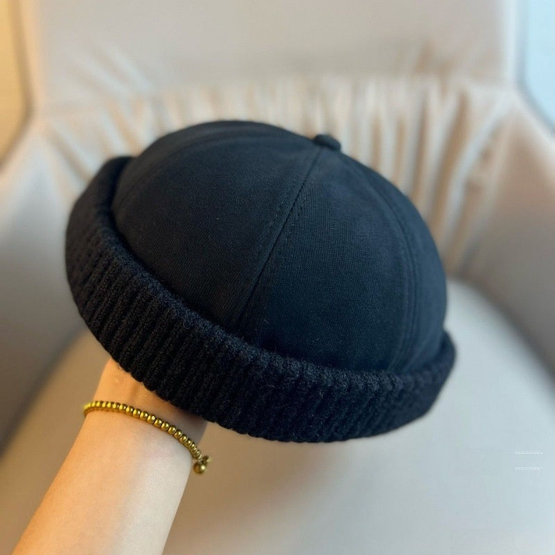 Cotton Blend Brimless Beanie in Black Yarn Edge