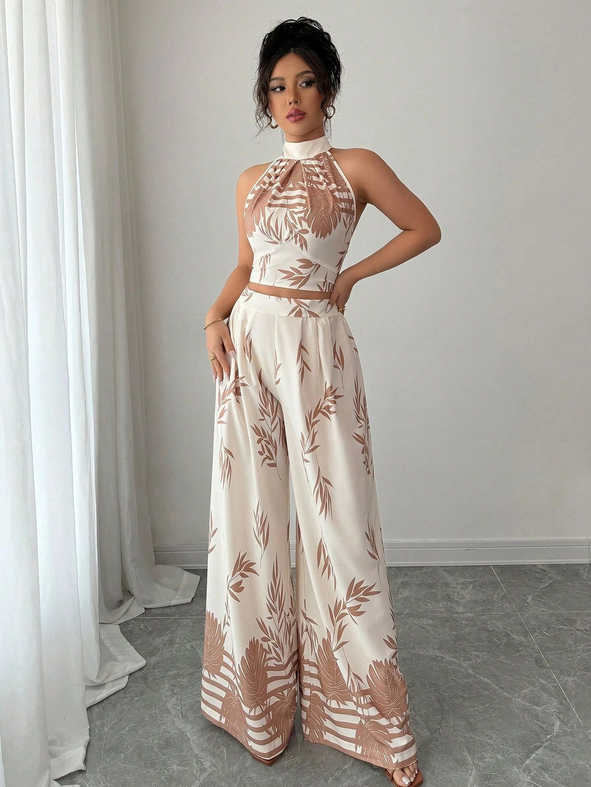 Women's Floral Halter Top and Wide-Leg Pants Set