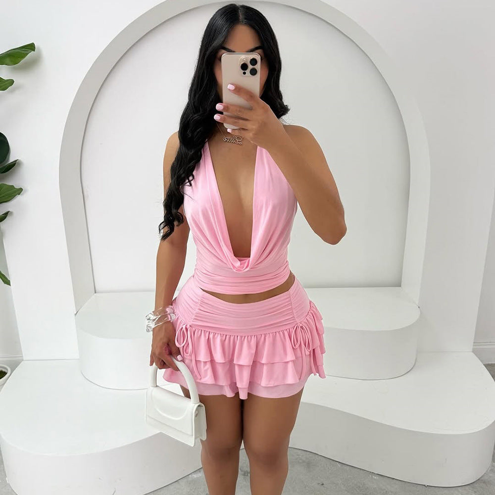 Women's Halter Crop Top and Tiered Skirt Set