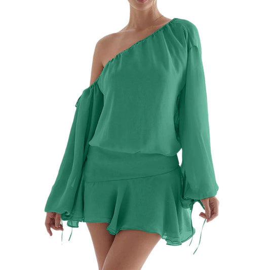 Women's Off-Shoulder Chiffon Dress with Ruffle Detail