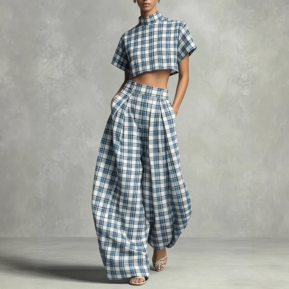 Women's Plaid Top and Wide-Leg Pants Set