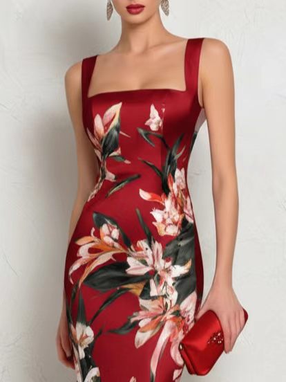Women's Strapless Floral Bodycon Dress with Back Zipper