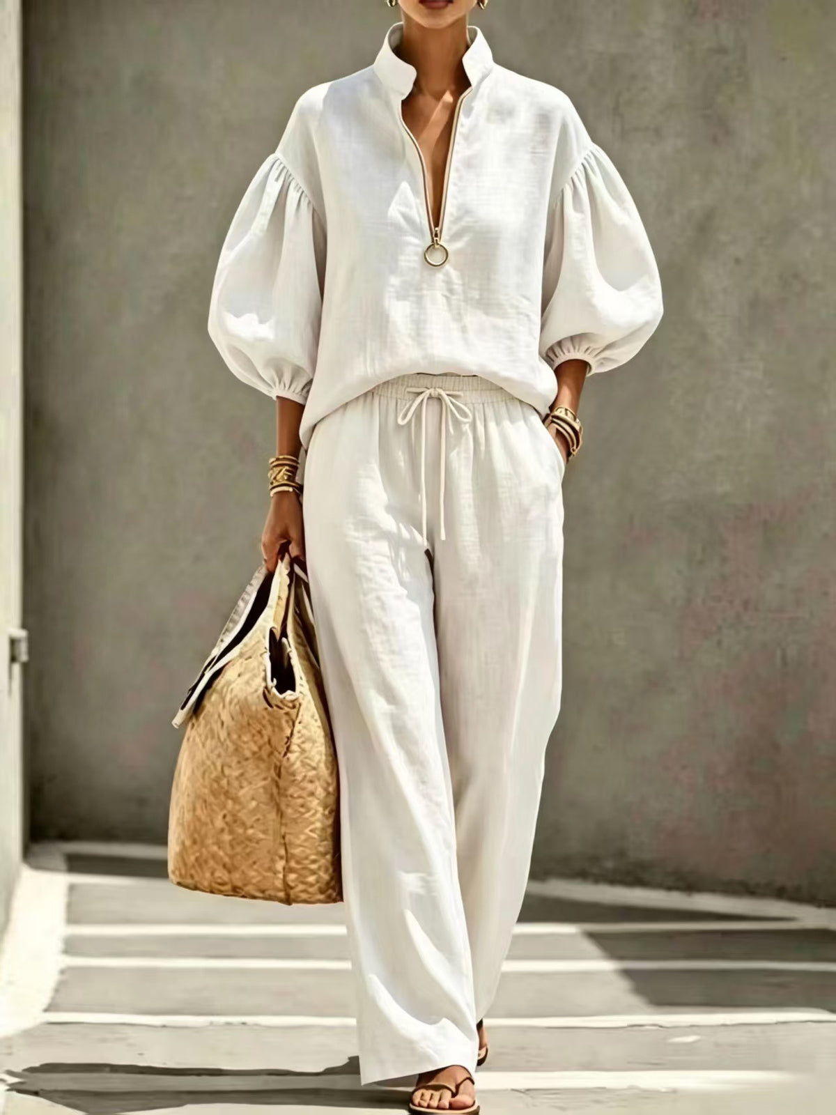 Women's Half-Zip Lantern Sleeve Casual Suit