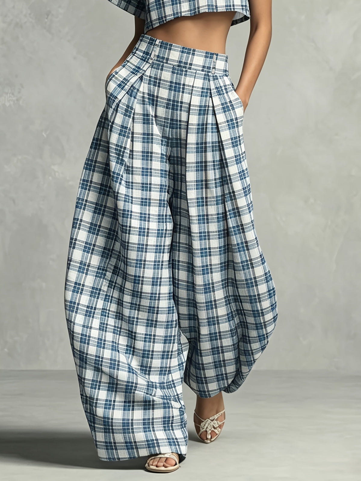 Women's Plaid Top and Wide-Leg Pants Set