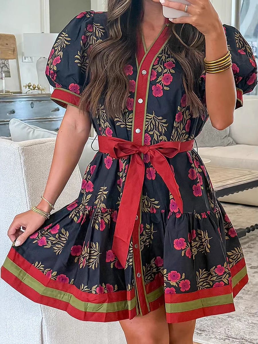 Women's Floral Print High Waist Cotton Dress