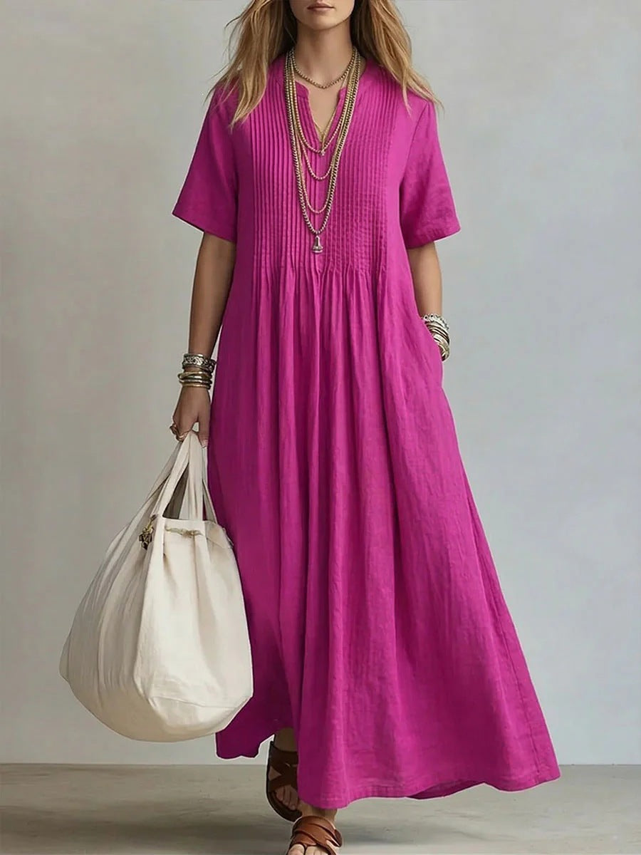 V-Neck Pleated Cotton Linen Dress