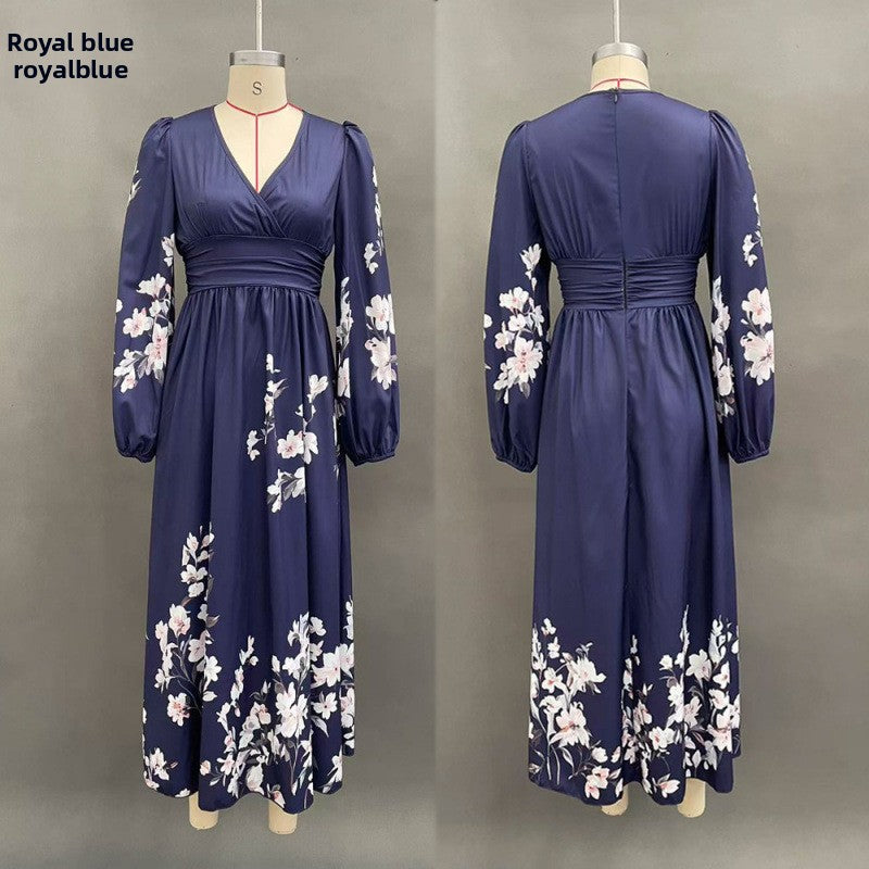 Women's Floral Print V-Neck Long Sleeve A-Line Maxi Dress