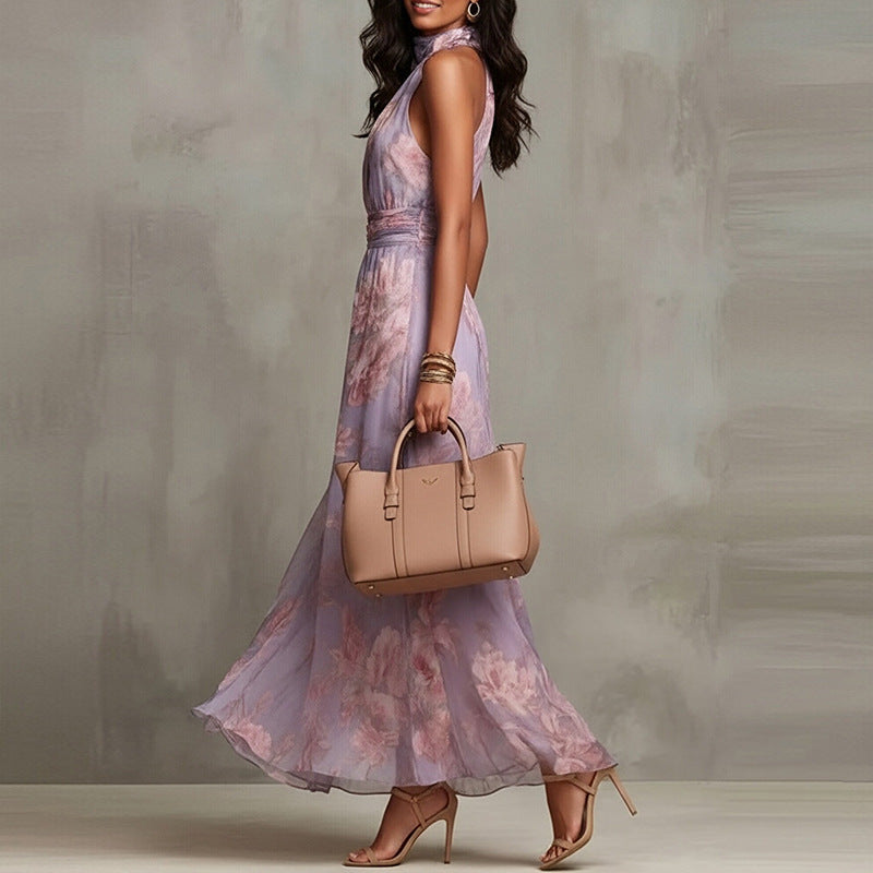 Women's Elegant Print Halter Neck Waist-Cinching Dress