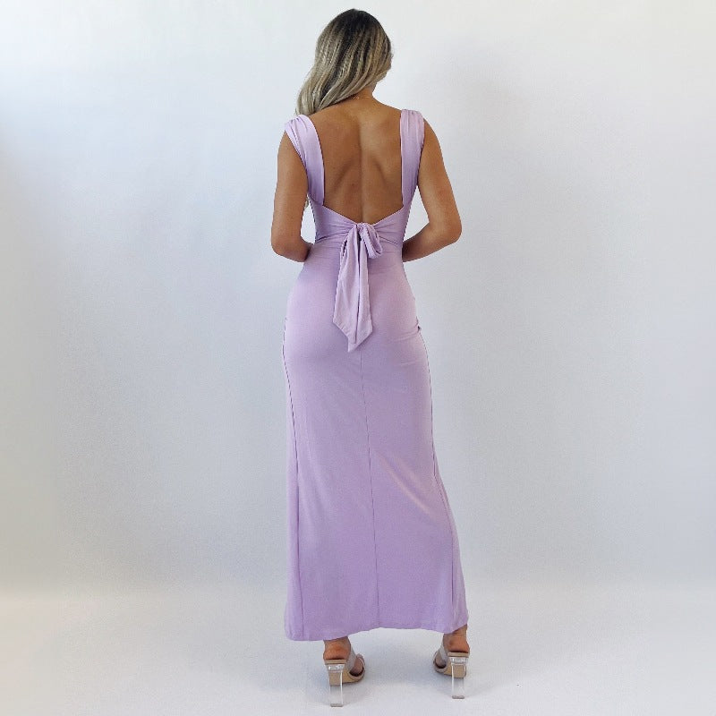 Women's Sleeveless Backless Lace-Up Dress with Side Slit