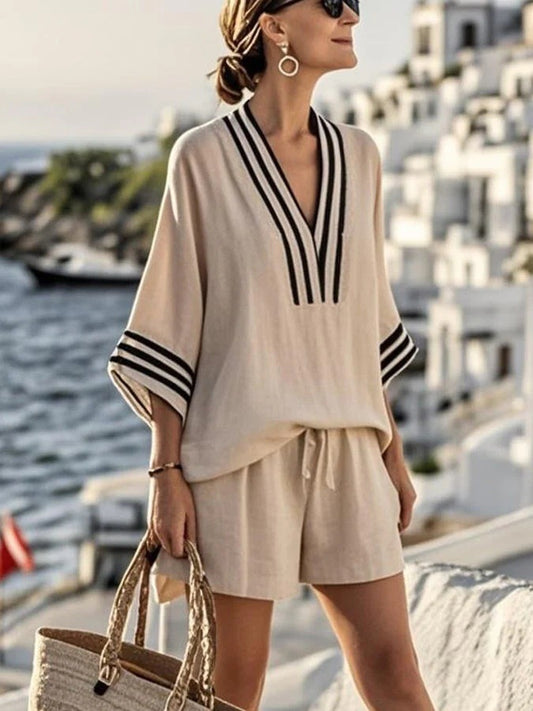 Women's V-Neck Striped Top and Shorts Set