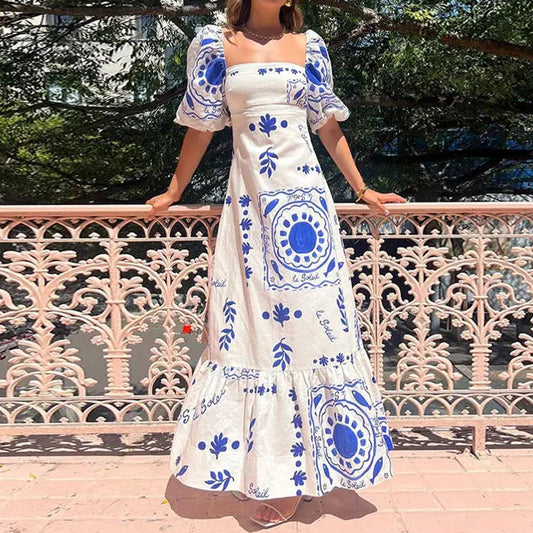 Women's Floral Print Lantern Sleeve Maxi Dress