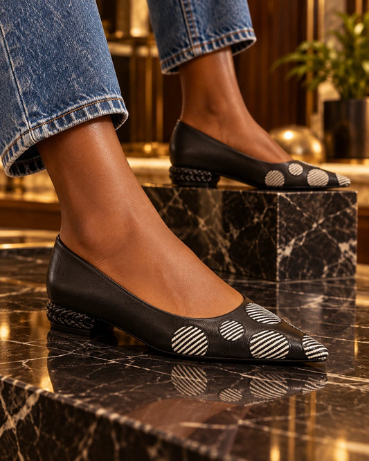 Black color-block sheepskin flats with striped dot panels