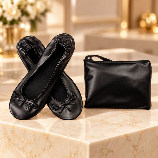 Black foldable ballet flats with bow and matching zip pouch