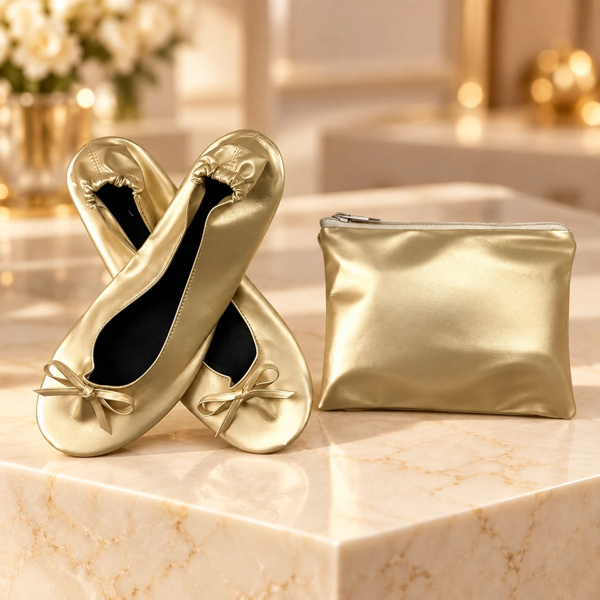 Champagne foldable ballet flats with bow and matching zip pouch
