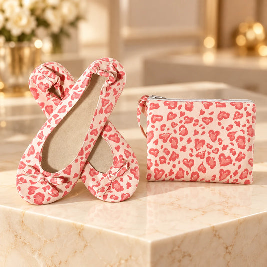 Pink leopard print foldable ballet flats with matching zip pouch