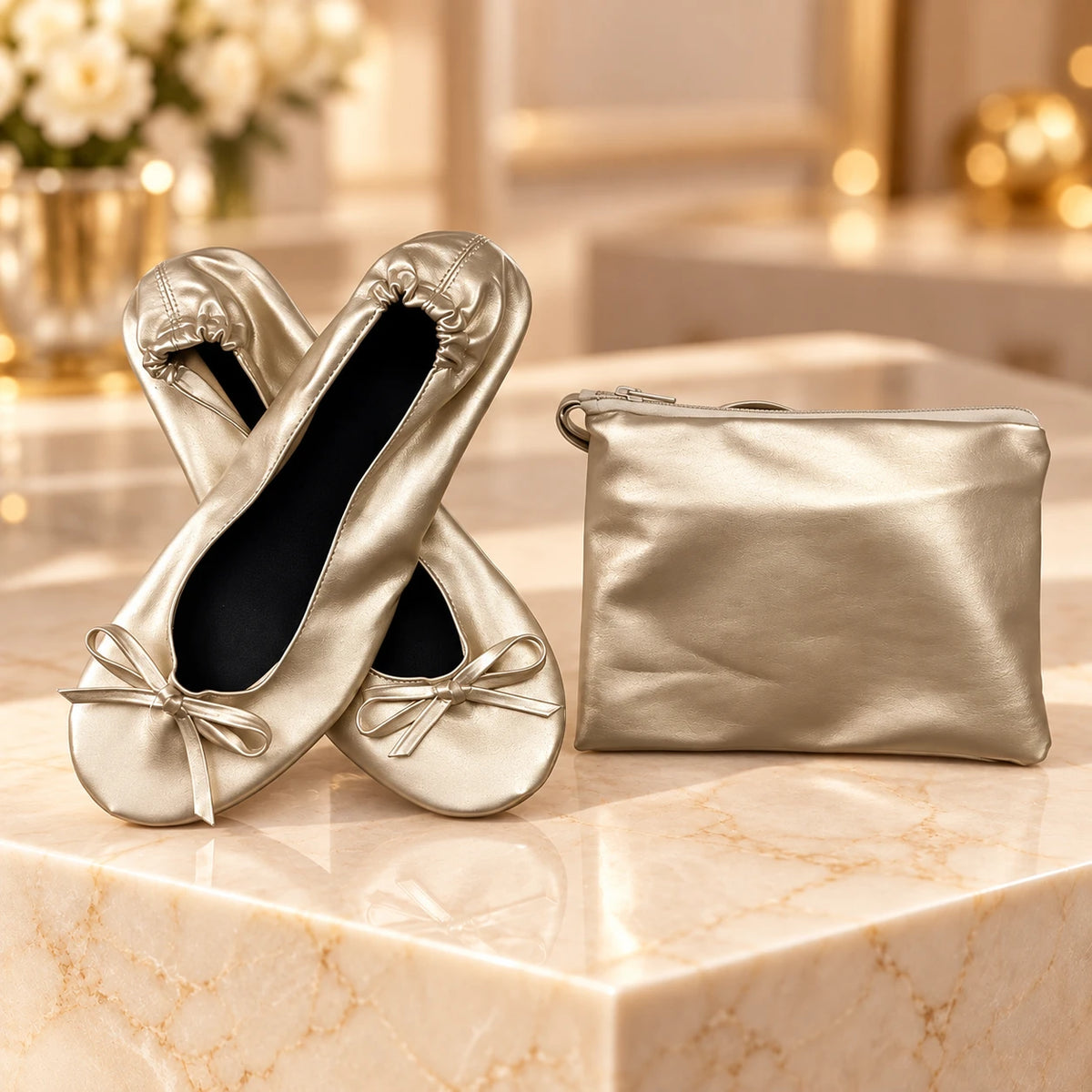 Oyster platinum foldable ballet flats with bow and matching zip pouch