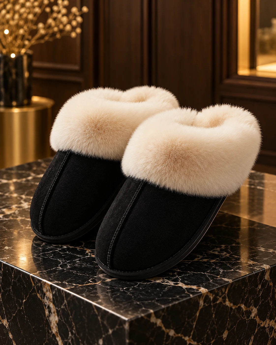 Black suede slippers with faux fur cuff