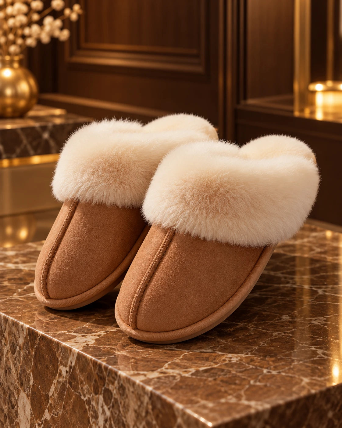 Chestnut brown suede slippers with faux fur cuff