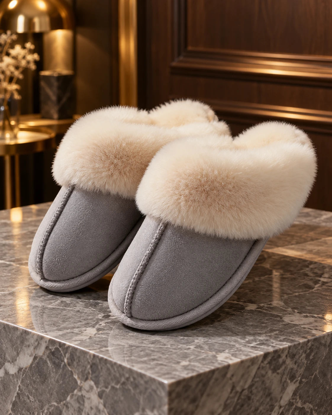 Gray suede slippers with faux fur cuff