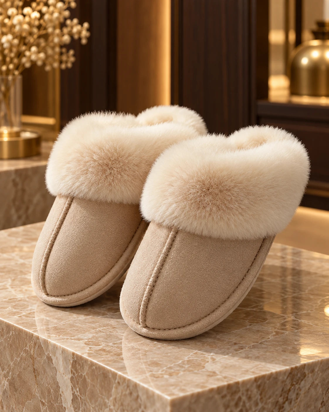 Khaki tan suede slippers with faux fur cuff