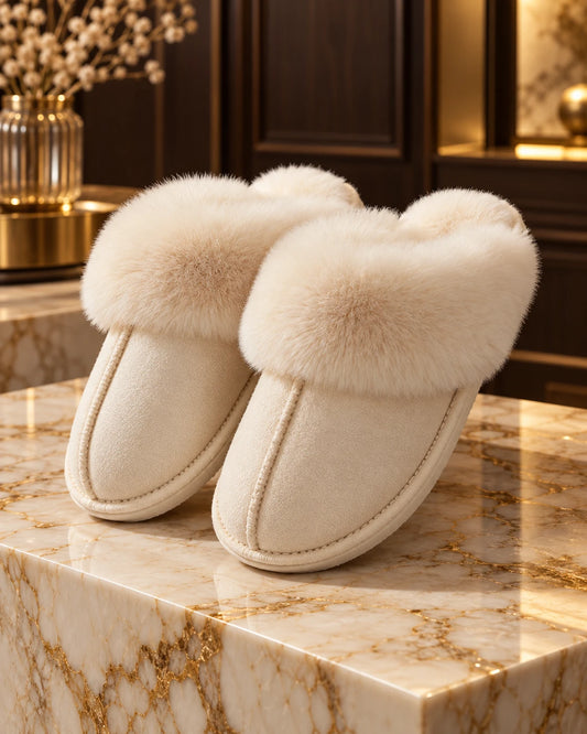 Off-white suede slippers with faux fur cuff
