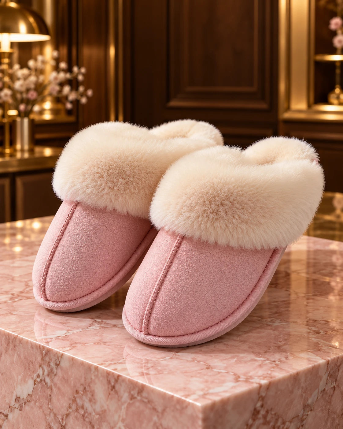 Pink suede slippers with faux fur cuff