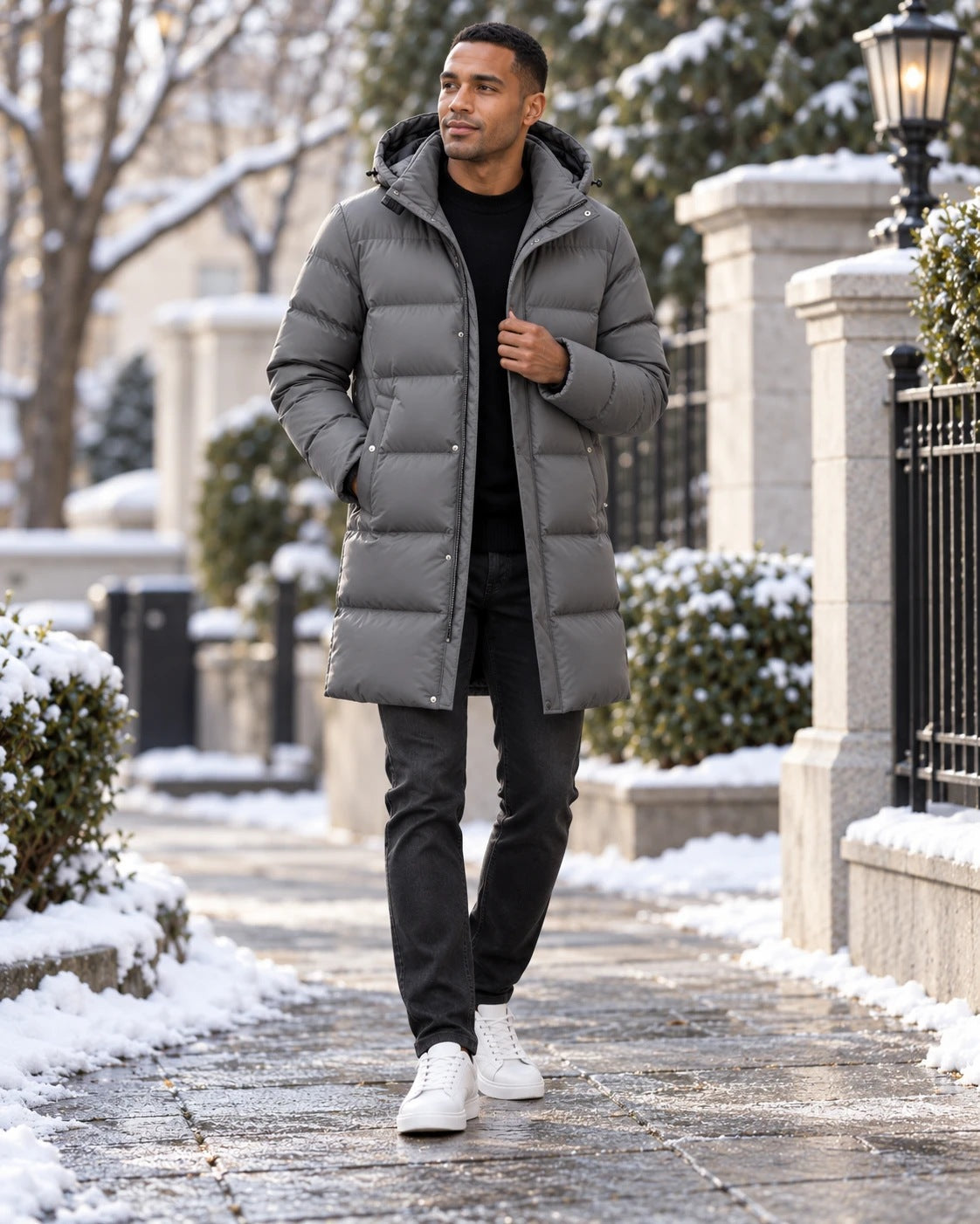 Men's down jacket in gray, worn by a model
