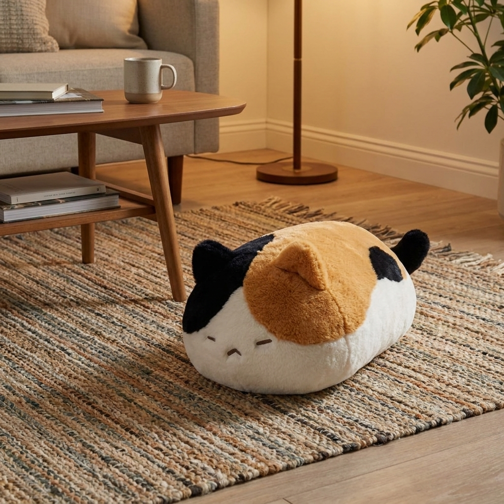 Lying Cat - Multi-Cat Print plush pillow on a rug