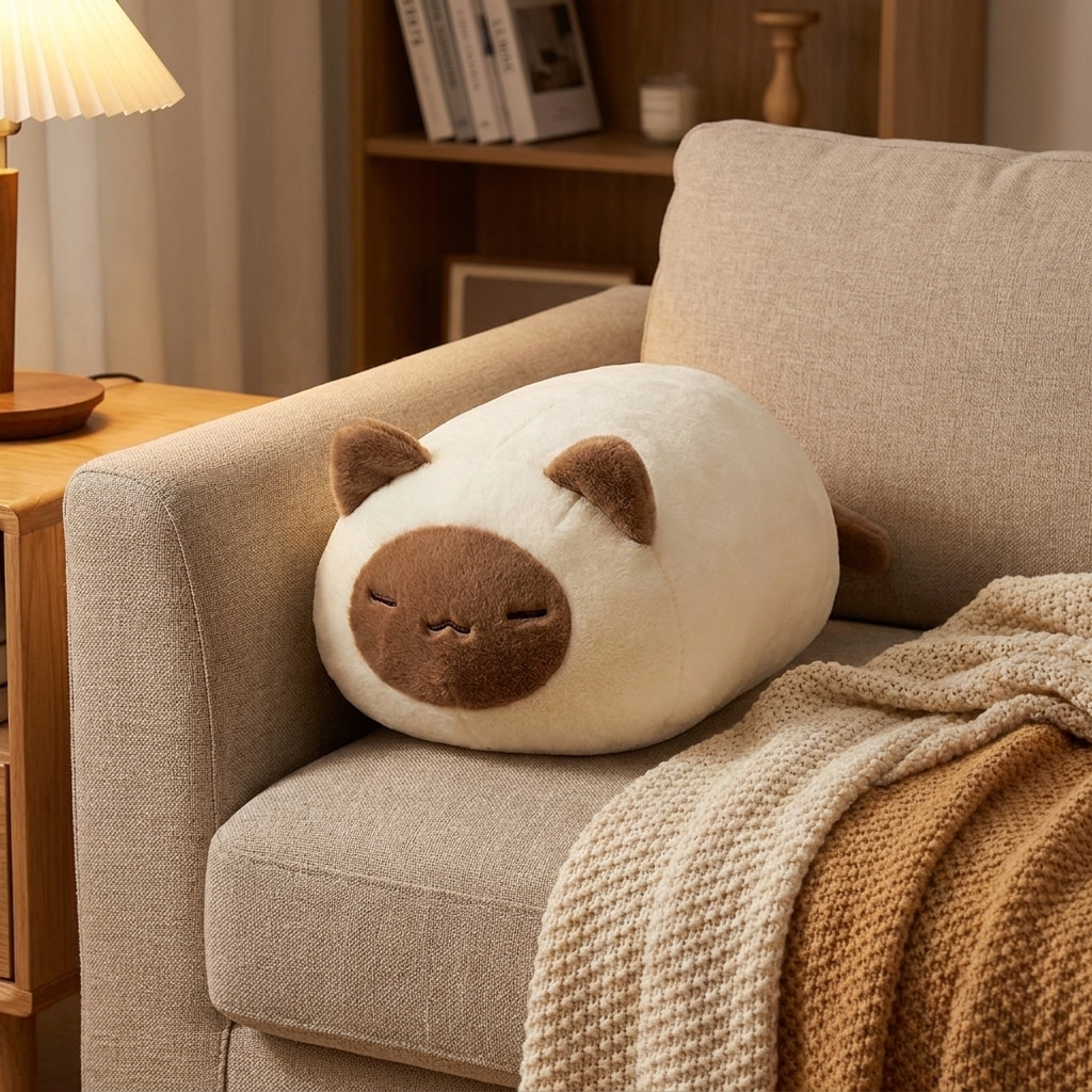 Lying Cat - Coffee Brown plush pillow on a sofa