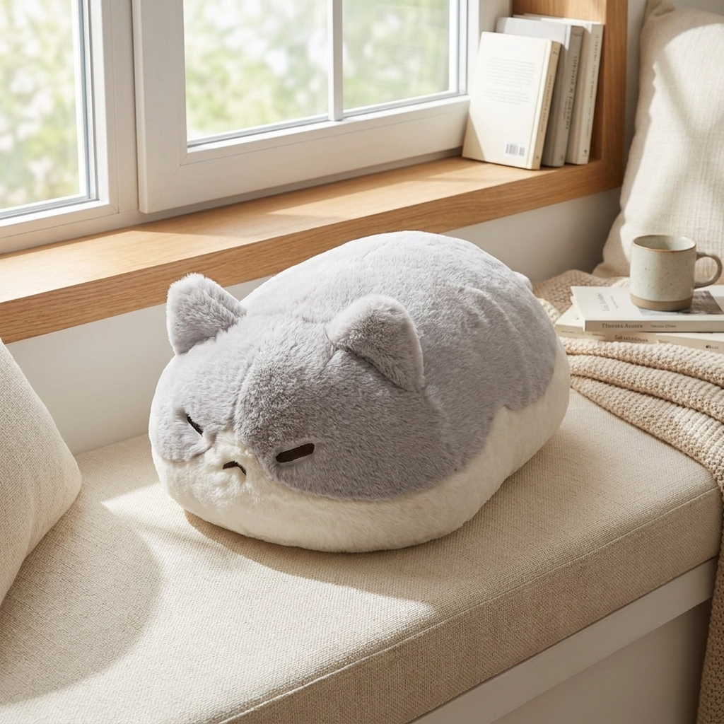 Lying Cat - Gray plush pillow in a window reading nook