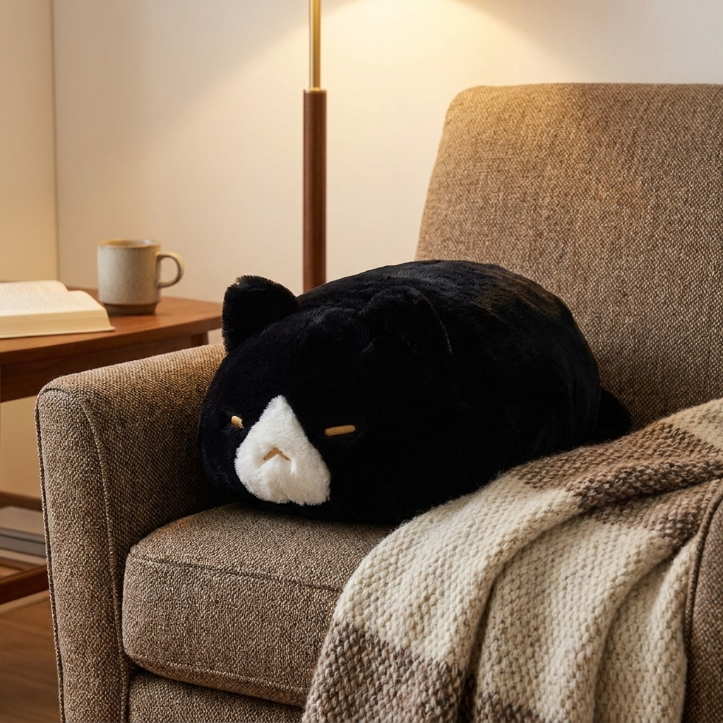 Sitting Cat - Brown Sugar plush pillow in an armchair