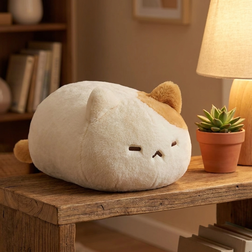 Sitting Cat - Cream plush pillow on a wooden shelf