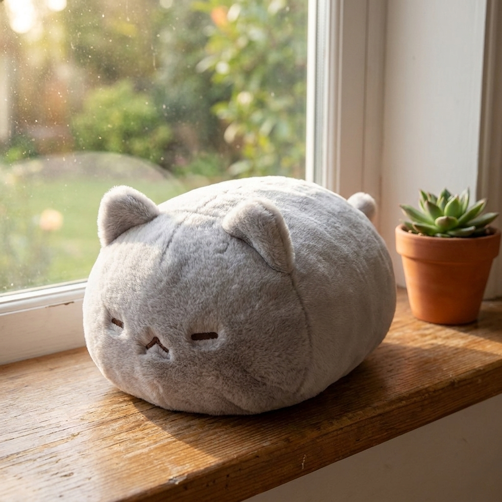 Sitting Cat - Yellow plush pillow on a sunlit windowsill