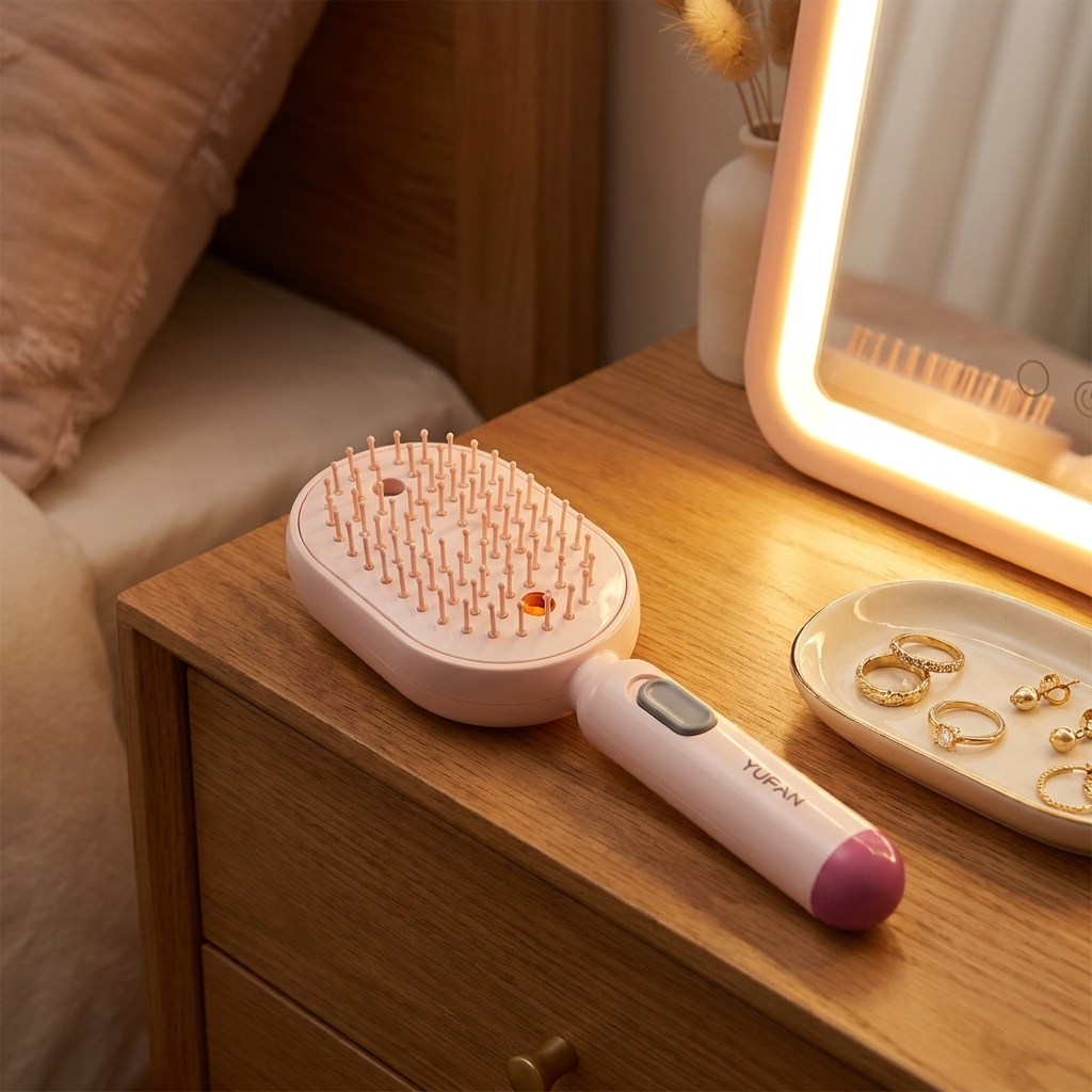 Pink air cushion hair brush on a bedroom dresser vanity