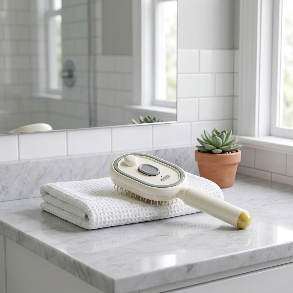 Off-White air cushion hair brush on a bathroom vanity