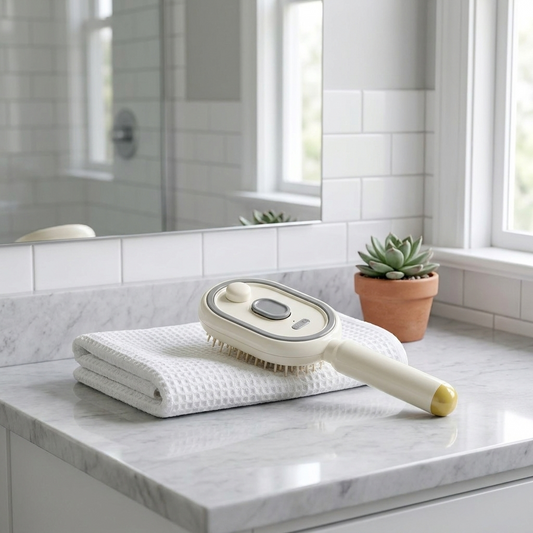Off-White air cushion hair brush on a bathroom vanity