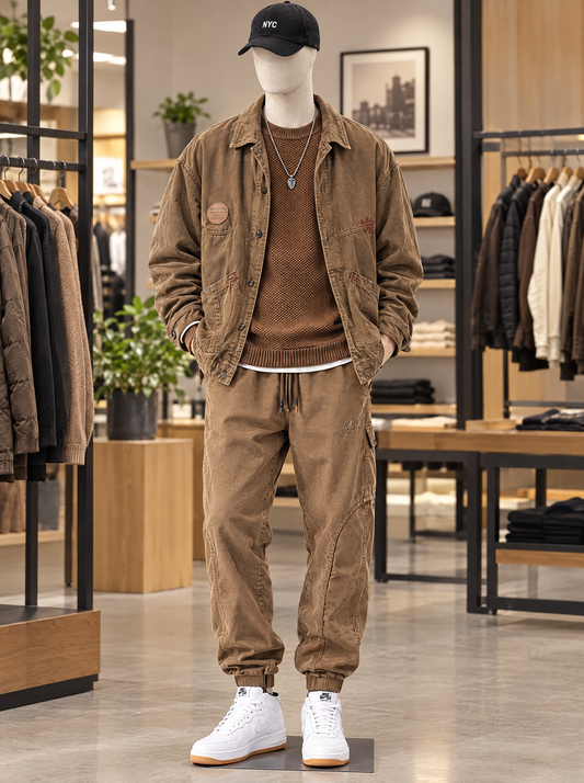 Mannequin in brown three-piece suit: warm coffee top, caramel pants, mocha brown coat