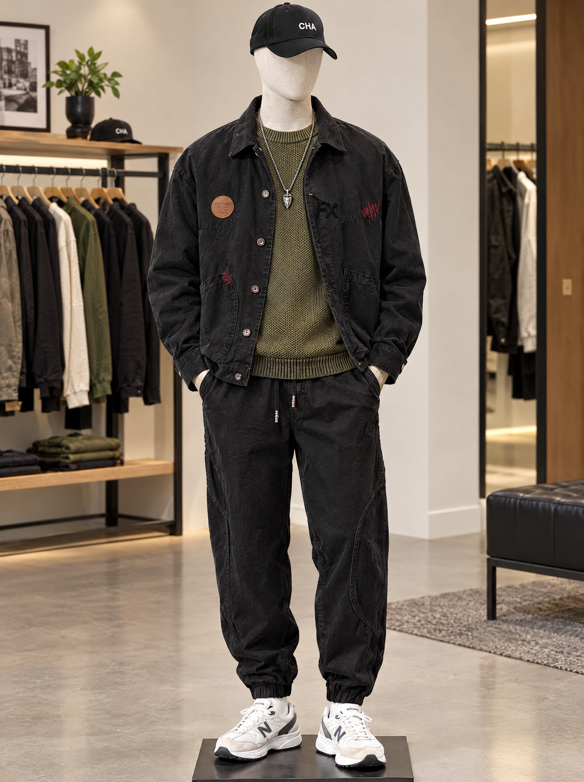 Mannequin in black and green three-piece suit: tyrant green top, black pants, black coat