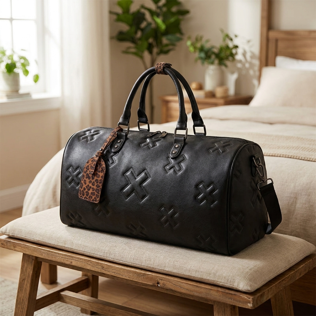 Black travel bag on a bedroom bench