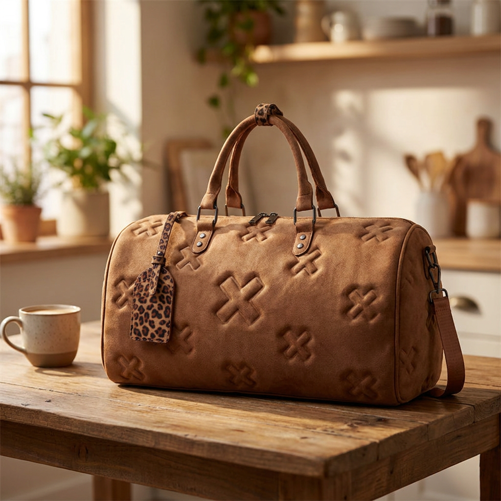 Brown travel bag on a kitchen table