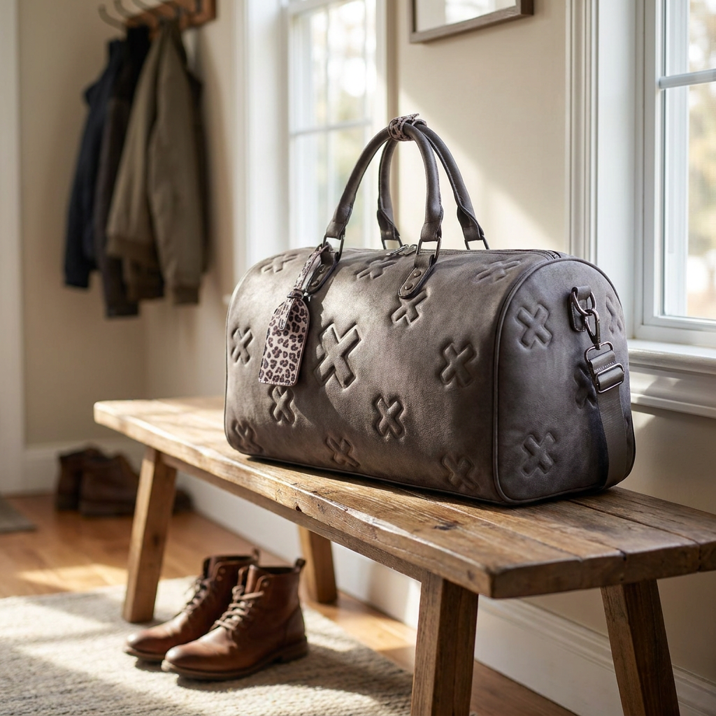 Gray travel bag by a front entryway bench