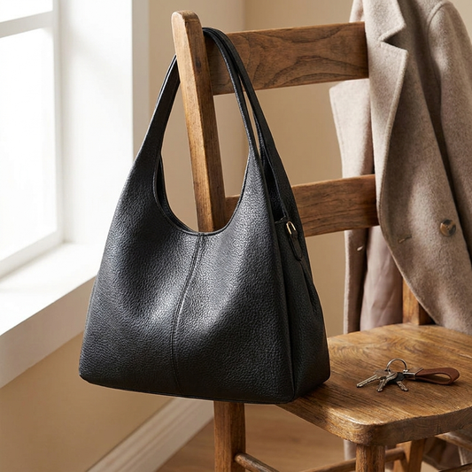Black armpit bag on a chair by an entryway