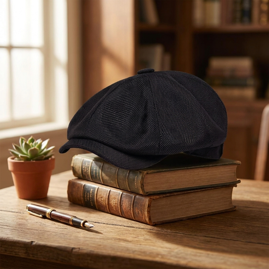 Black beret on desk with books